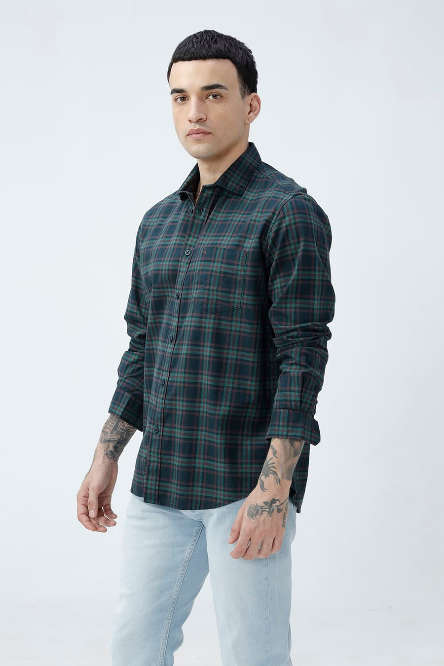 BASICS SLIM FIT DARK BROWN COTTON TWILL CHECKS SHIRT