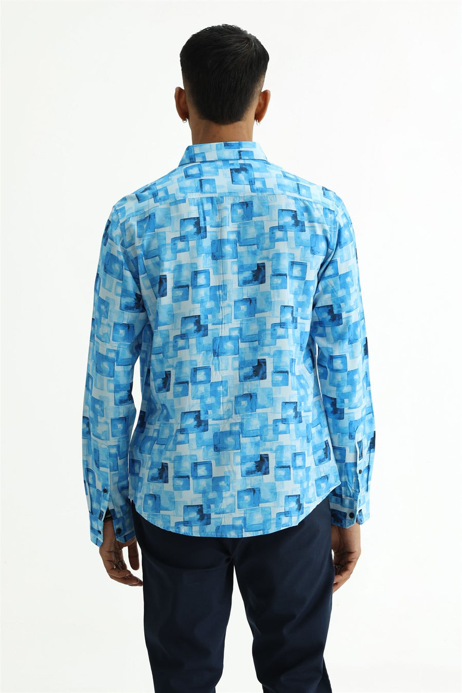 BASICS SLIM FIT BLUE COTTON VISCOSE DIGITAL PRINTED SHIRT