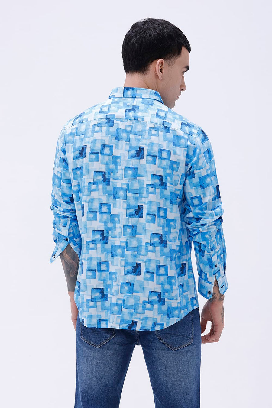 BASICS SLIM FIT BLUE COTTON VISCOSE DIGITAL PRINTED SHIRT