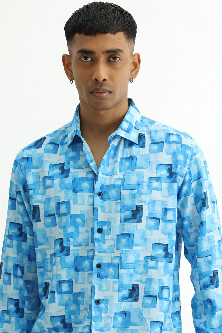 BASICS SLIM FIT BLUE COTTON VISCOSE DIGITAL PRINTED SHIRT