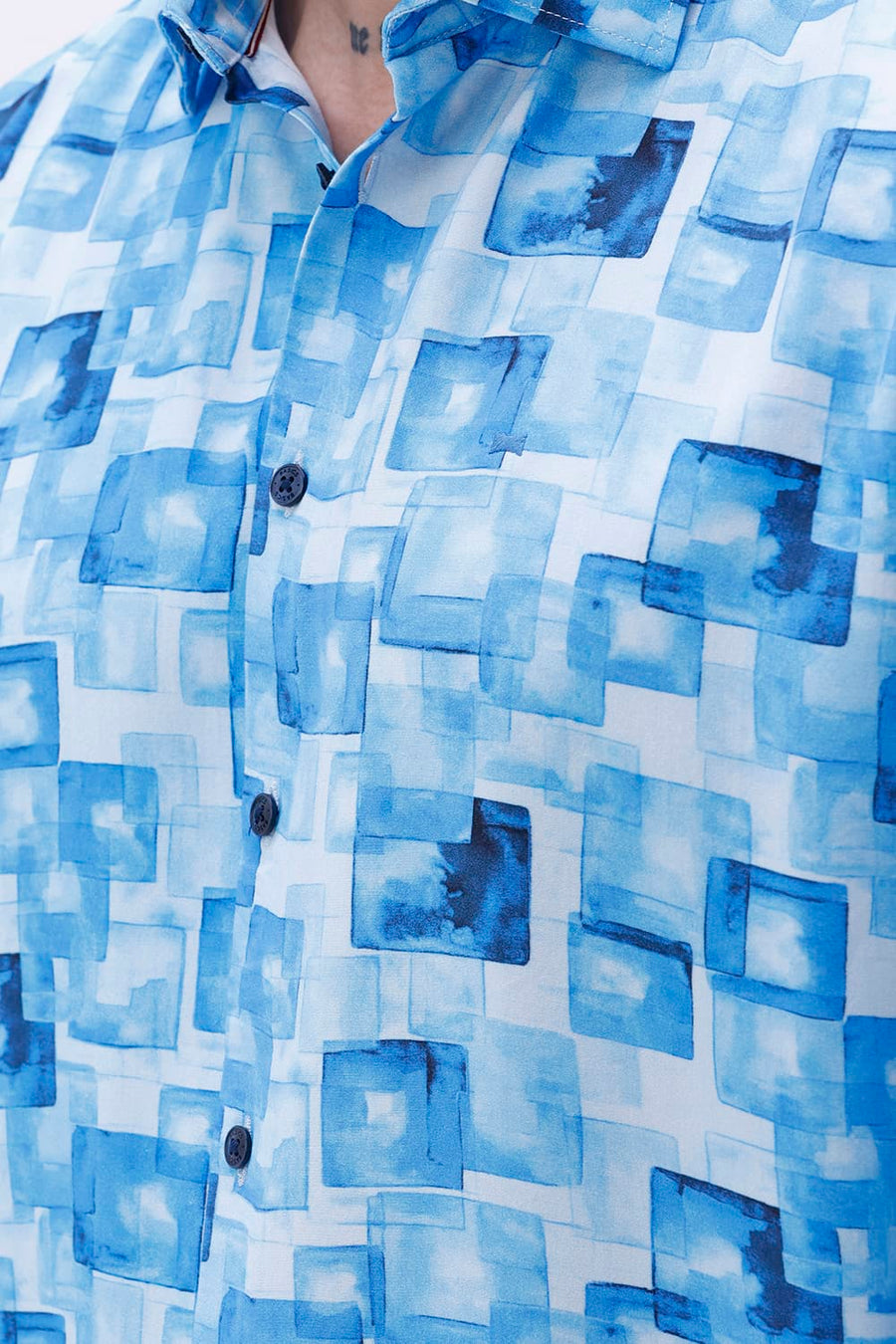 BASICS SLIM FIT BLUE COTTON VISCOSE DIGITAL PRINTED SHIRT