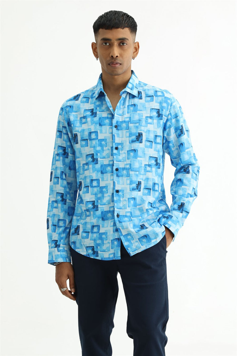 BASICS SLIM FIT BLUE COTTON VISCOSE DIGITAL PRINTED SHIRT