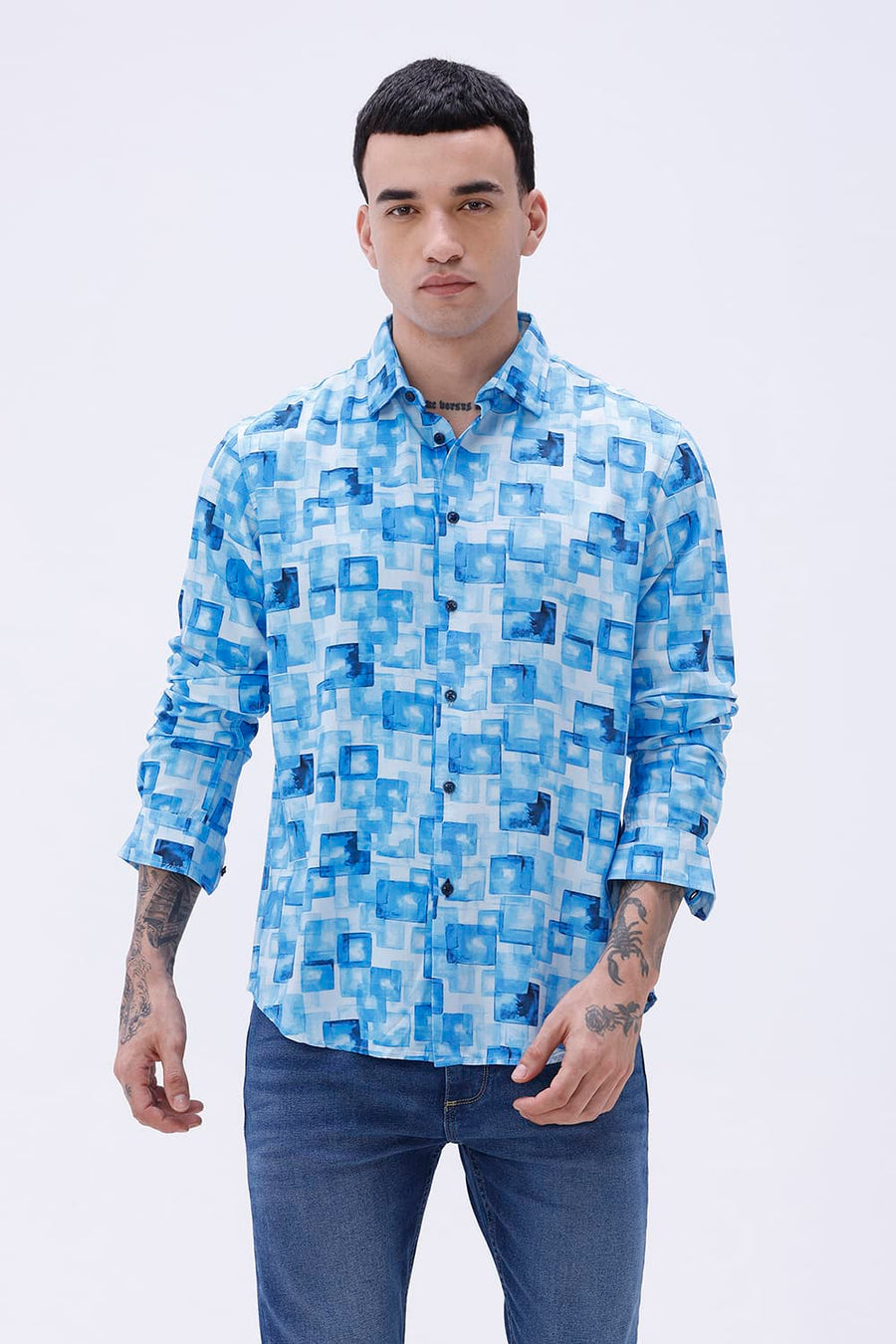 BASICS SLIM FIT BLUE COTTON VISCOSE DIGITAL PRINTED SHIRT