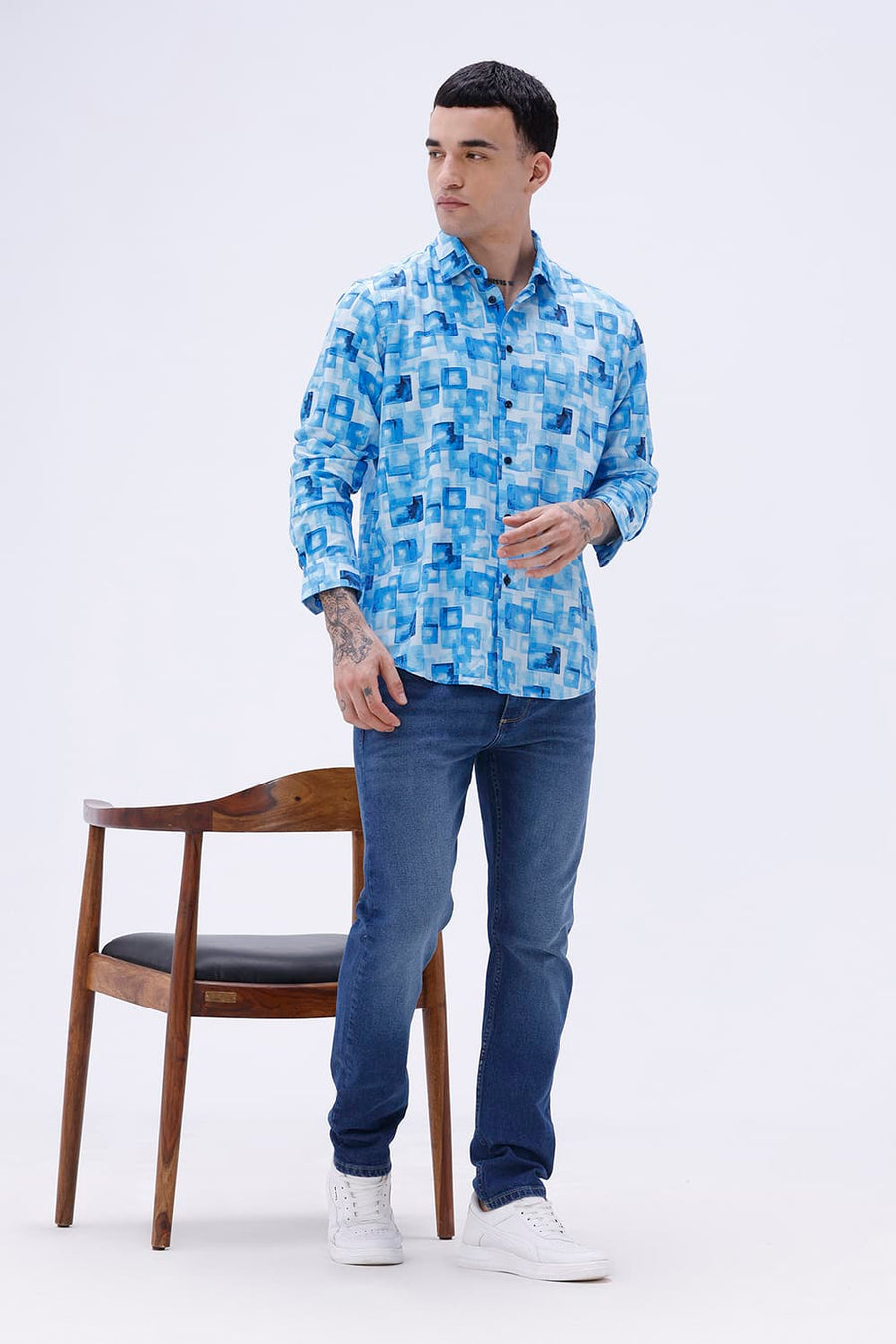 BASICS SLIM FIT BLUE COTTON VISCOSE DIGITAL PRINTED SHIRT