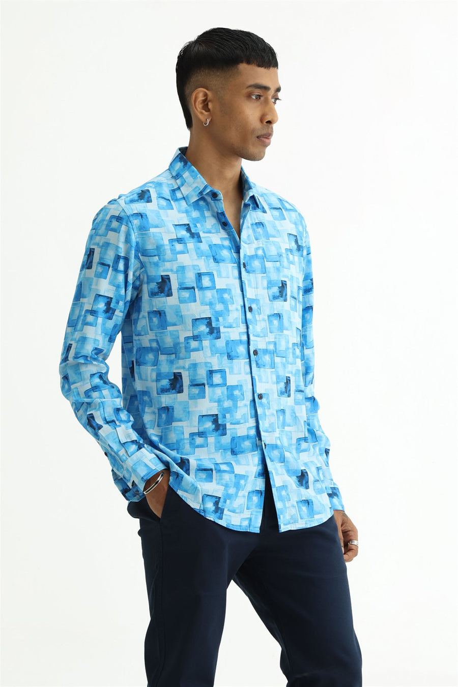 BASICS SLIM FIT BLUE COTTON VISCOSE DIGITAL PRINTED SHIRT
