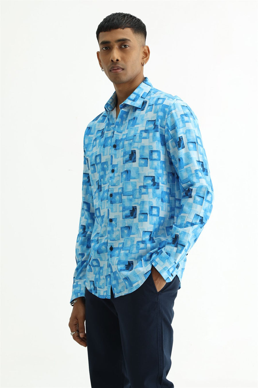 BASICS SLIM FIT BLUE COTTON VISCOSE DIGITAL PRINTED SHIRT