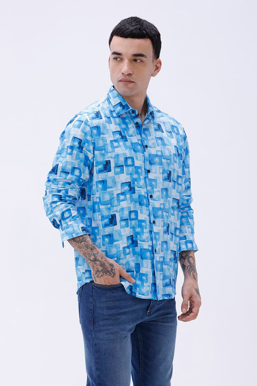 BASICS SLIM FIT BLUE COTTON VISCOSE DIGITAL PRINTED SHIRT