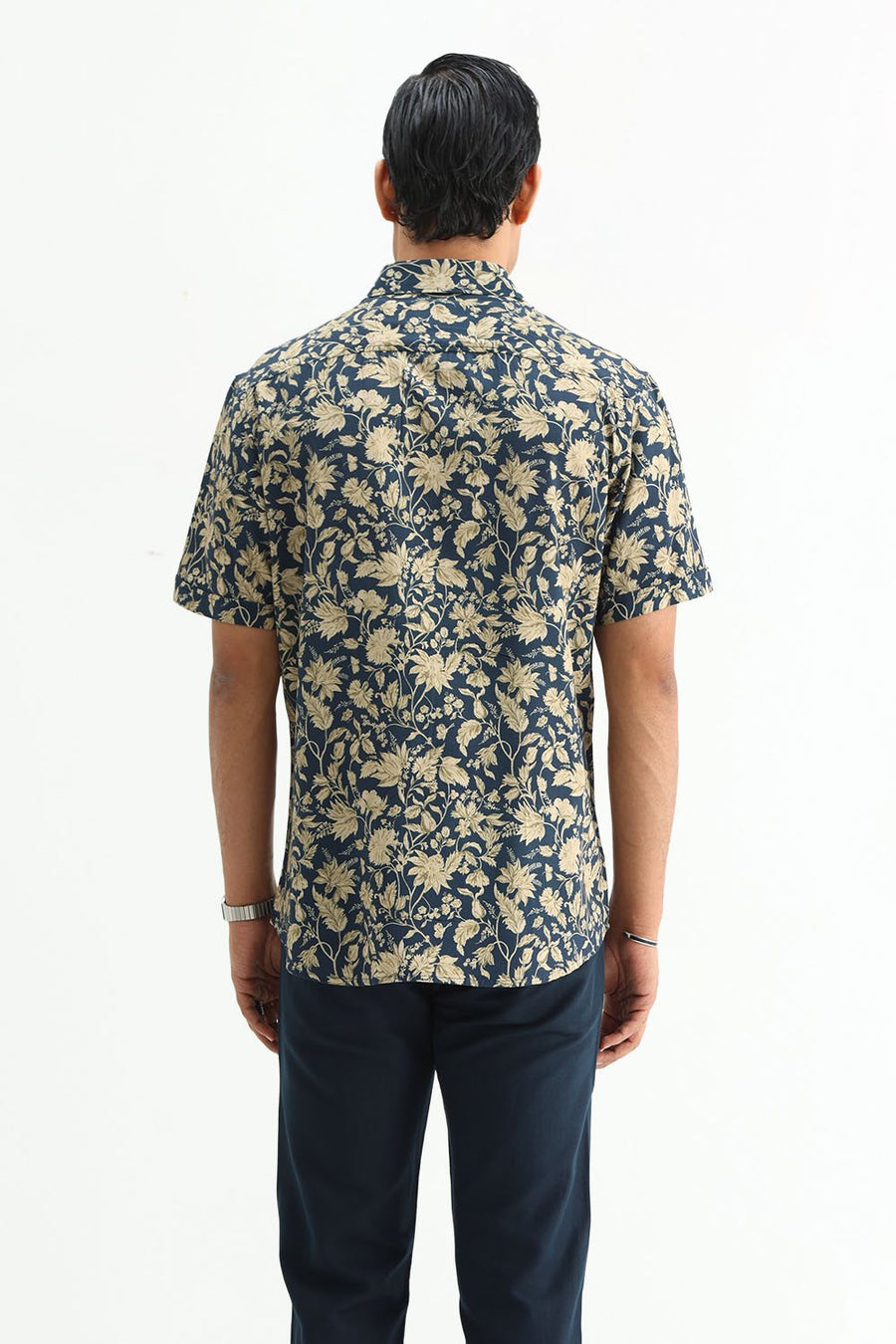 BASICS SLIM FIT MID GREY COTTON VISCOSE DIGITAL PRINTED HALFSLEEVES SHIRT