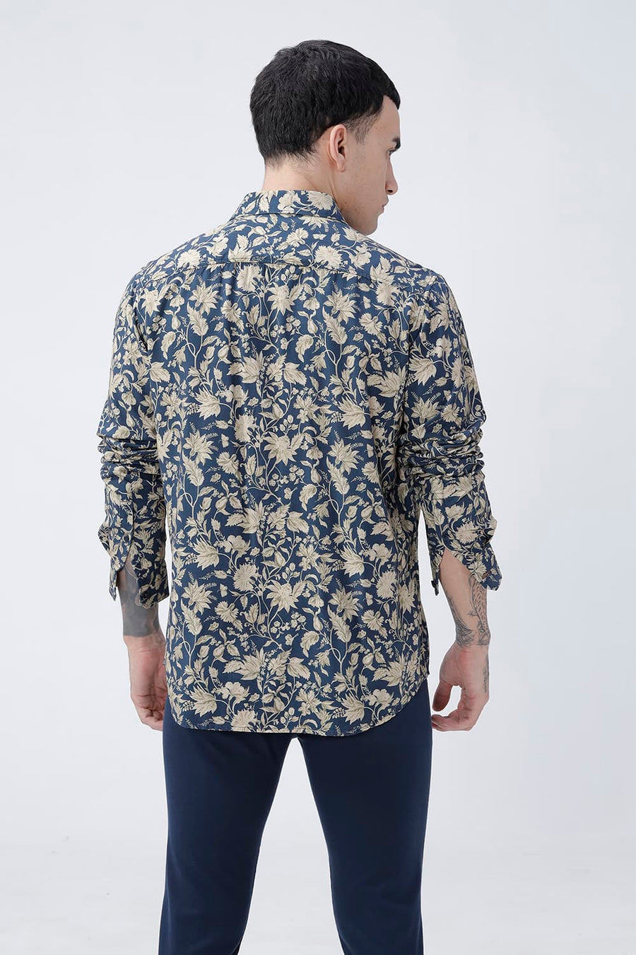 BASICS SLIM FIT MID GREY COTTON VISCOSE DIGITAL PRINTED SHIRT