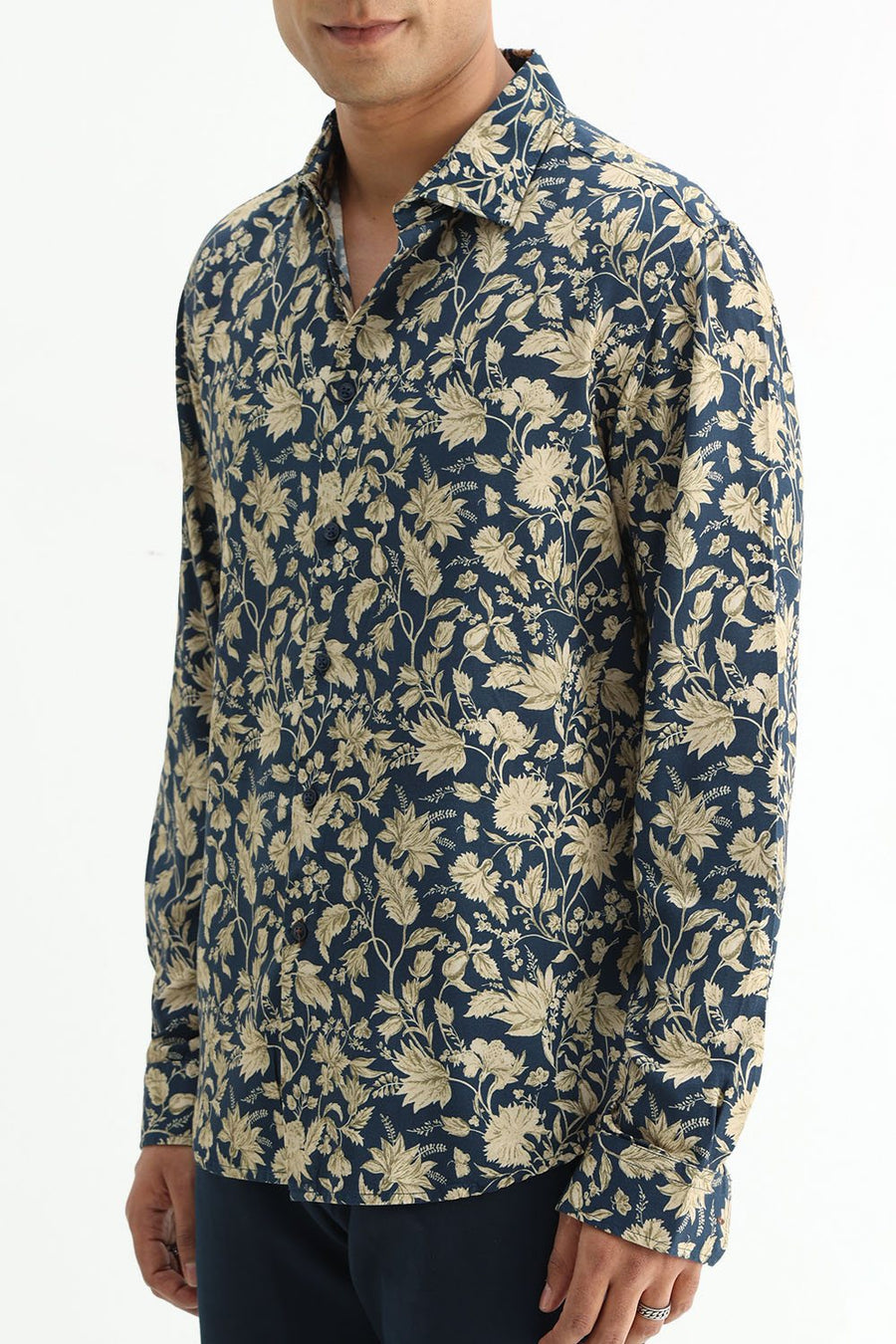BASICS SLIM FIT MID GREY COTTON VISCOSE DIGITAL PRINTED SHIRT