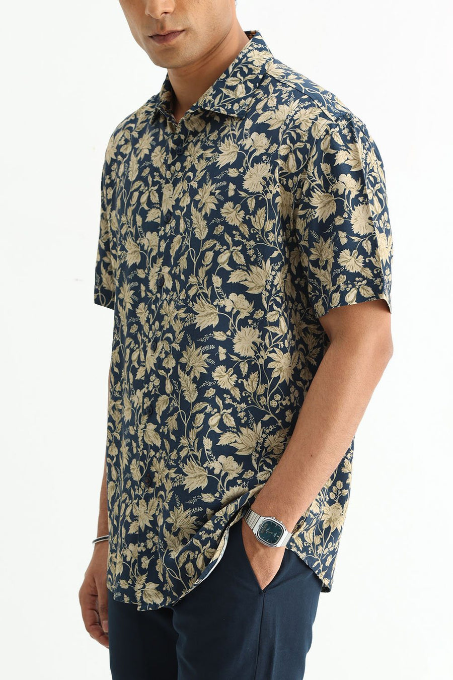 BASICS SLIM FIT MID GREY COTTON VISCOSE DIGITAL PRINTED HALFSLEEVES SHIRT