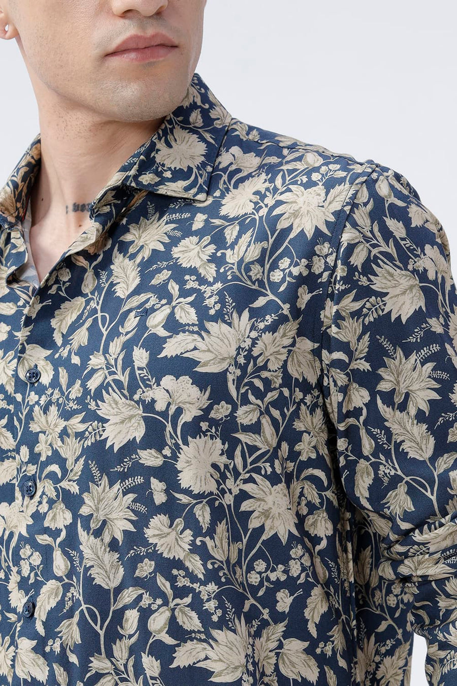 BASICS SLIM FIT MID GREY COTTON VISCOSE DIGITAL PRINTED SHIRT