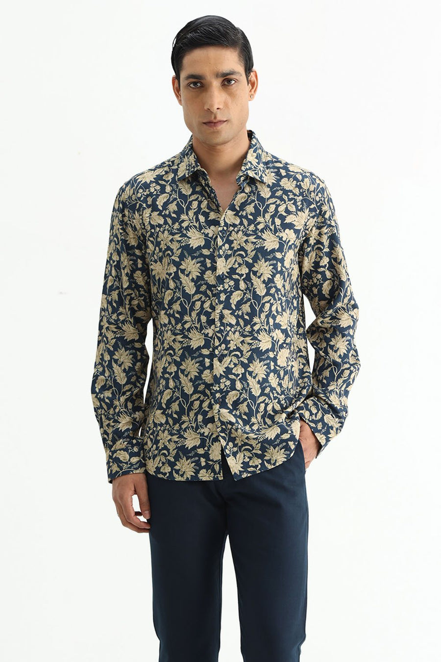 BASICS SLIM FIT MID GREY COTTON VISCOSE DIGITAL PRINTED SHIRT