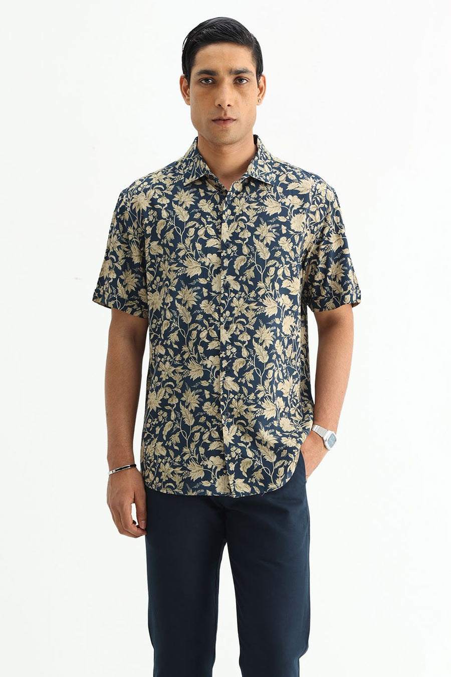 BASICS SLIM FIT MID GREY COTTON VISCOSE DIGITAL PRINTED HALFSLEEVES SHIRT