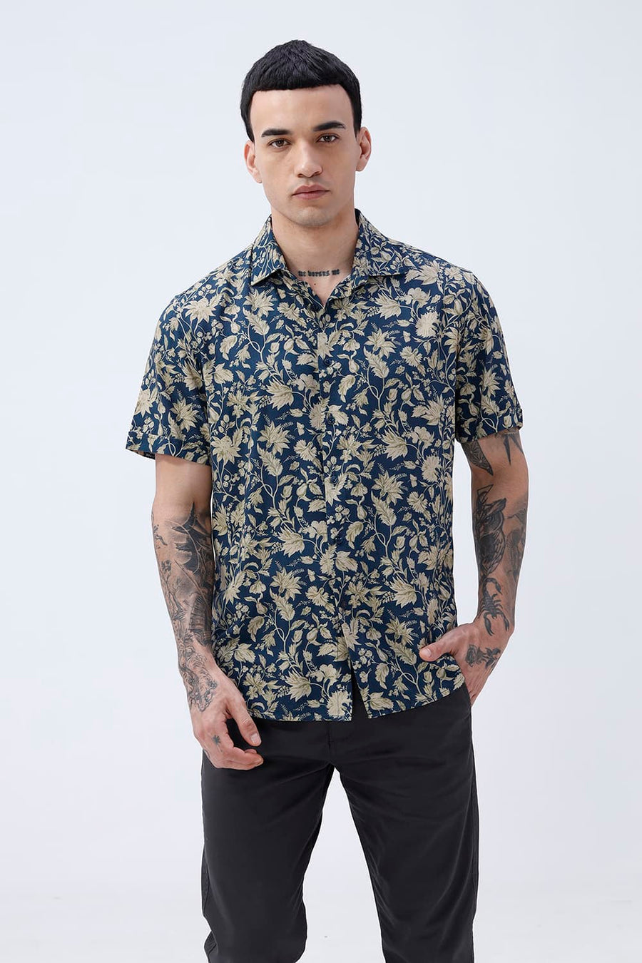 BASICS SLIM FIT MID GREY COTTON VISCOSE DIGITAL PRINTED HALFSLEEVES SHIRT