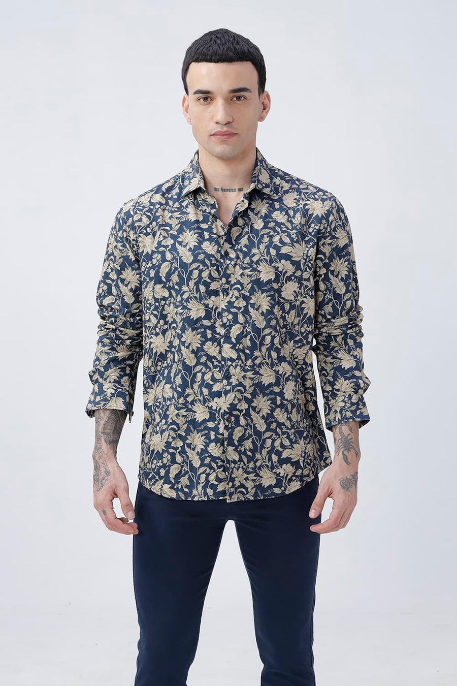 BASICS SLIM FIT MID GREY COTTON VISCOSE DIGITAL PRINTED SHIRT