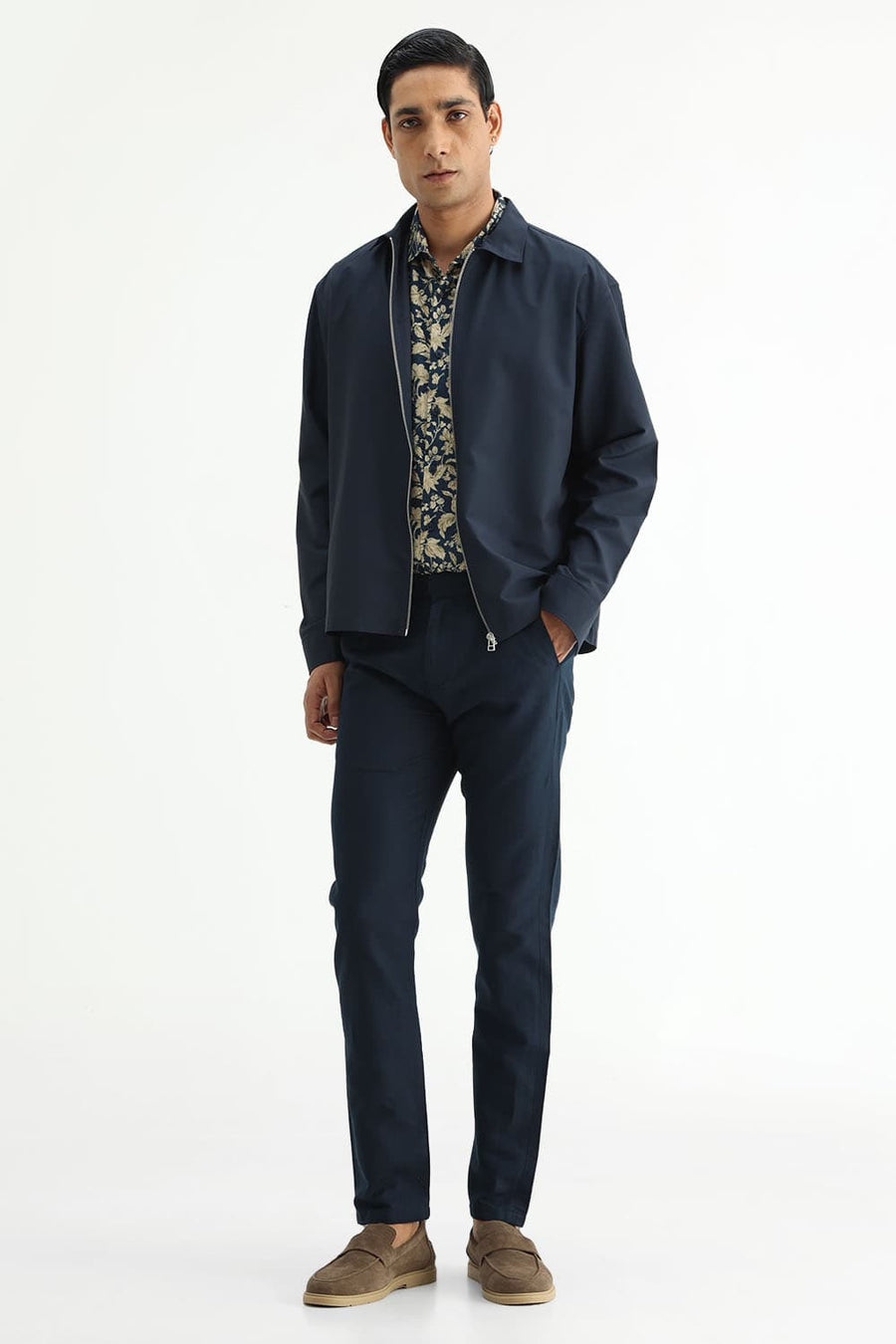 BASICS SLIM FIT MID GREY COTTON VISCOSE DIGITAL PRINTED HALFSLEEVES SHIRT