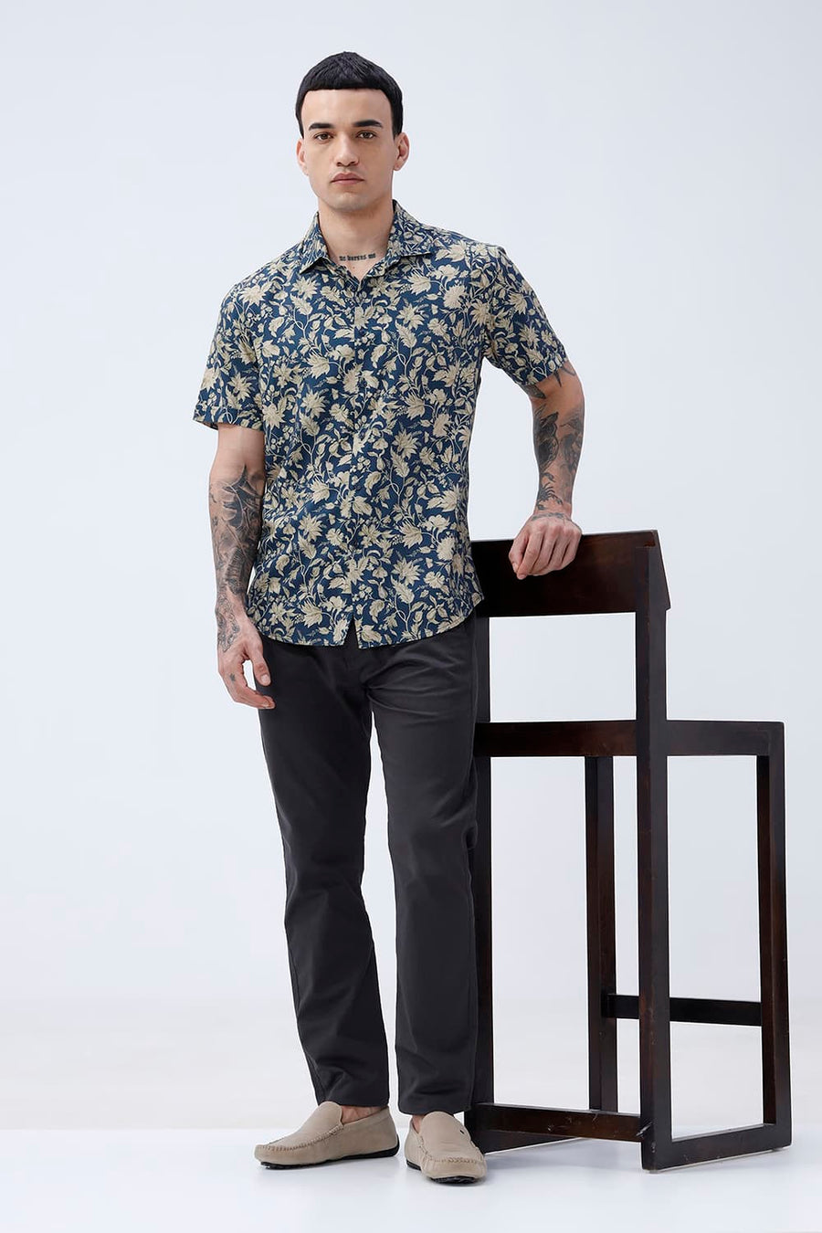 BASICS SLIM FIT MID GREY COTTON VISCOSE DIGITAL PRINTED HALFSLEEVES SHIRT