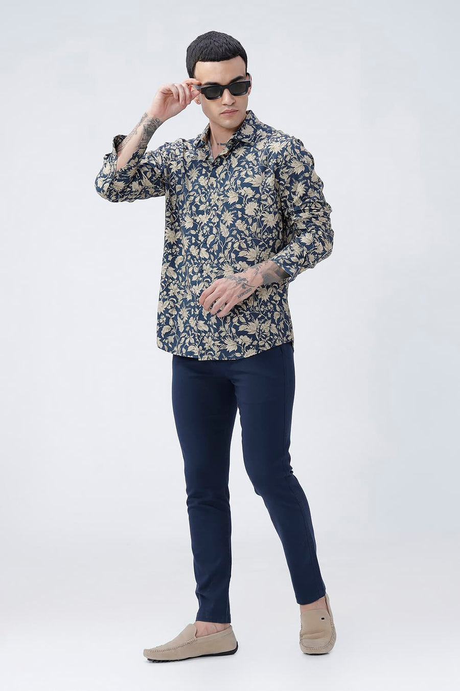 BASICS SLIM FIT MID GREY COTTON VISCOSE DIGITAL PRINTED SHIRT