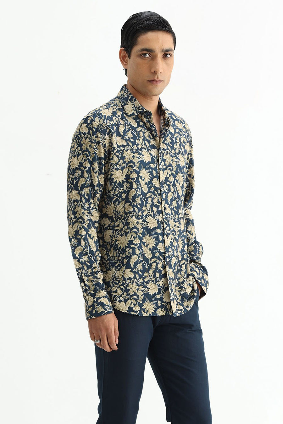 BASICS SLIM FIT MID GREY COTTON VISCOSE DIGITAL PRINTED SHIRT