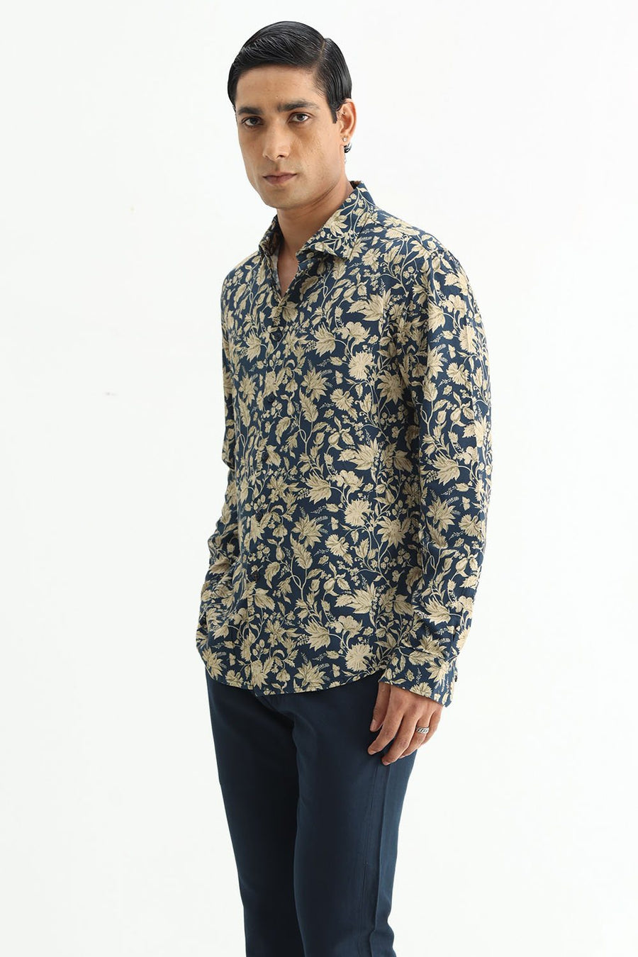 BASICS SLIM FIT MID GREY COTTON VISCOSE DIGITAL PRINTED SHIRT