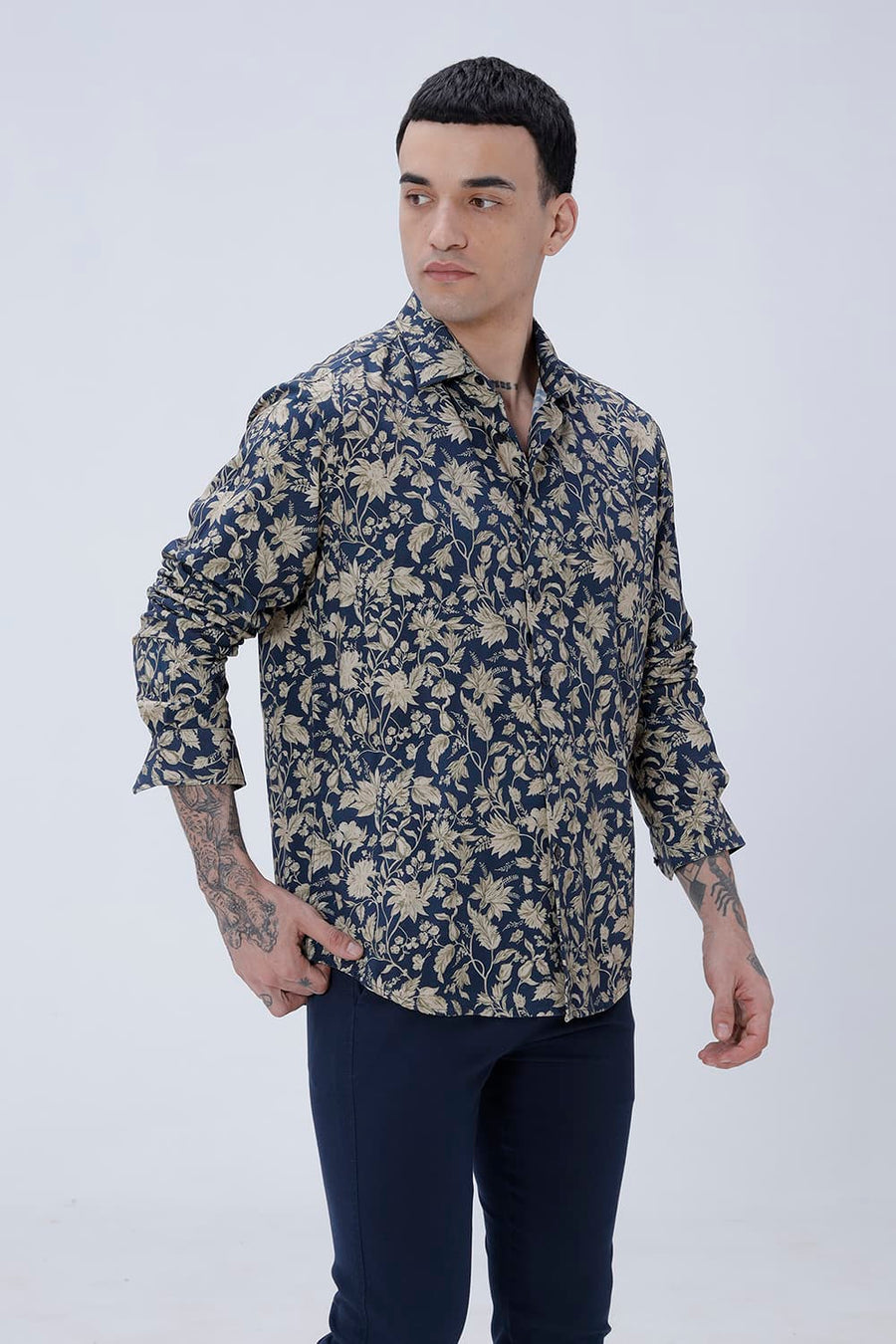 BASICS SLIM FIT MID GREY COTTON VISCOSE DIGITAL PRINTED SHIRT