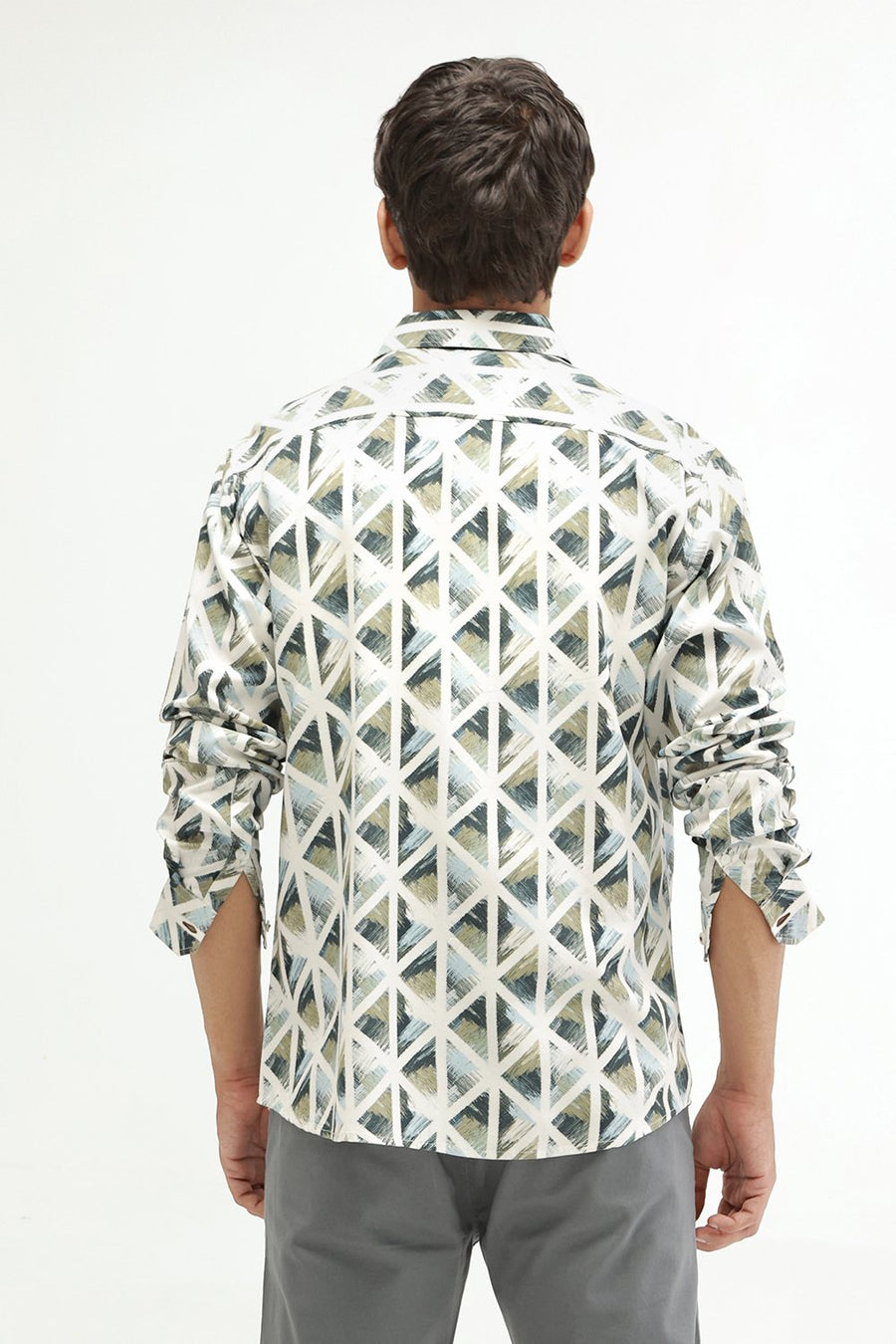 BASICS SLIM FIT BEIGE COTTON VISCOSE DIGITAL PRINTED SHIRT