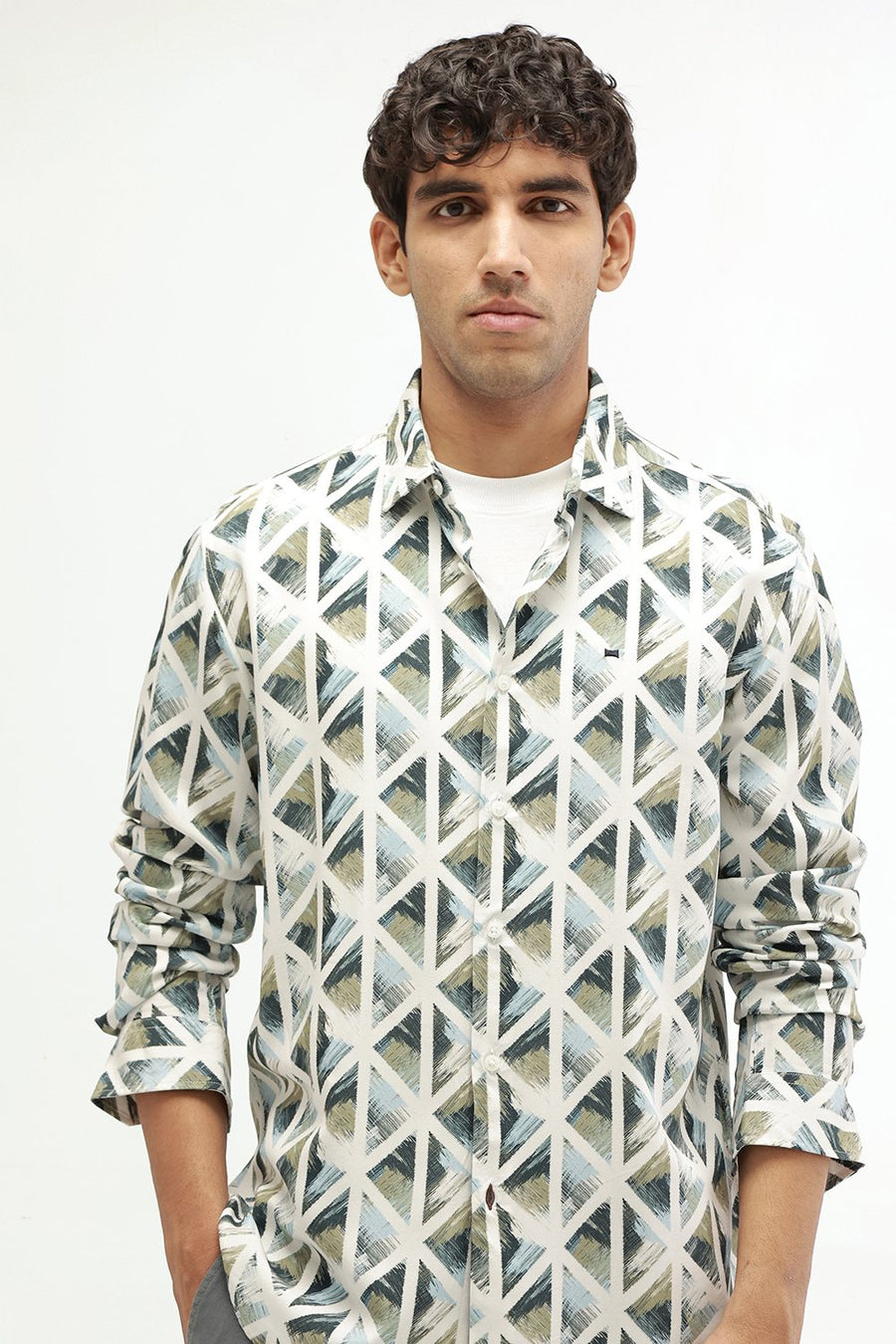 BASICS SLIM FIT BEIGE COTTON VISCOSE DIGITAL PRINTED SHIRT