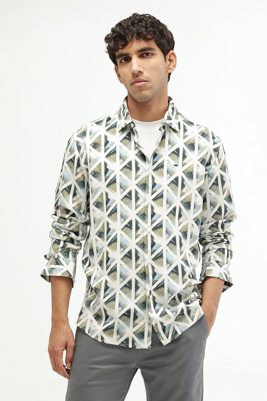 BASICS SLIM FIT BEIGE COTTON VISCOSE DIGITAL PRINTED SHIRT