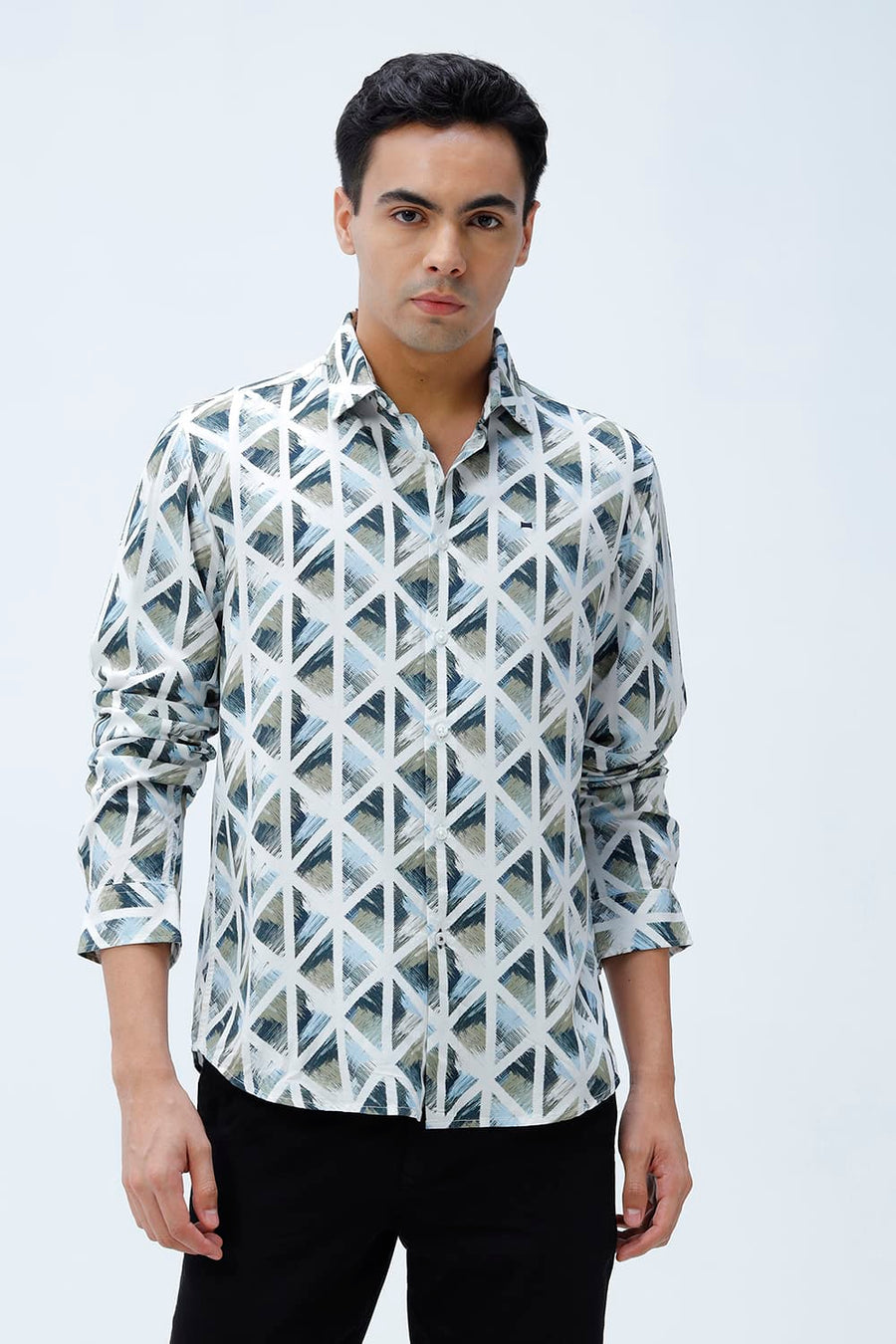BASICS SLIM FIT BEIGE COTTON VISCOSE DIGITAL PRINTED SHIRT