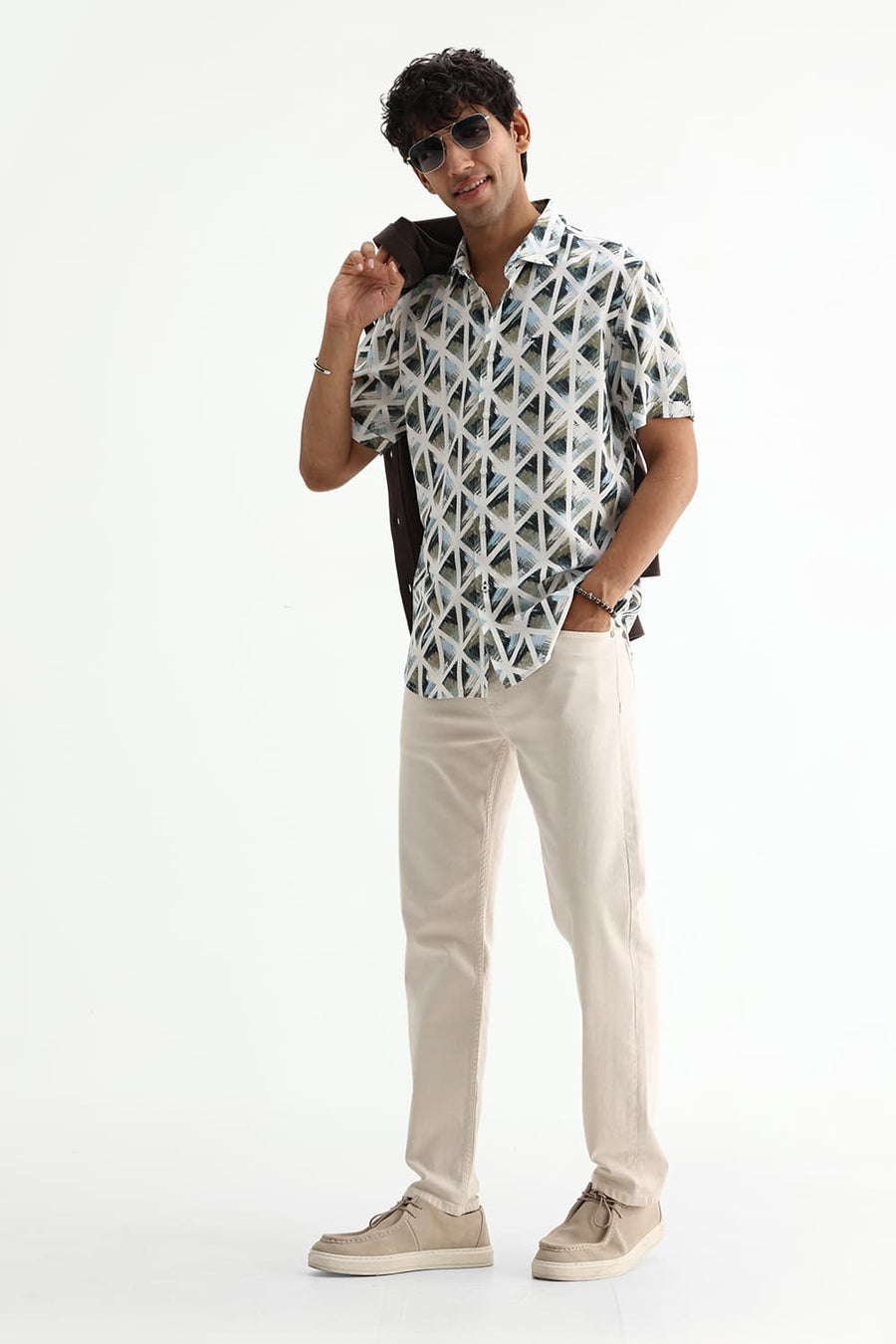 BASICS SLIM FIT BEIGE COTTON VISCOSE DIGITAL PRINTED SHIRT