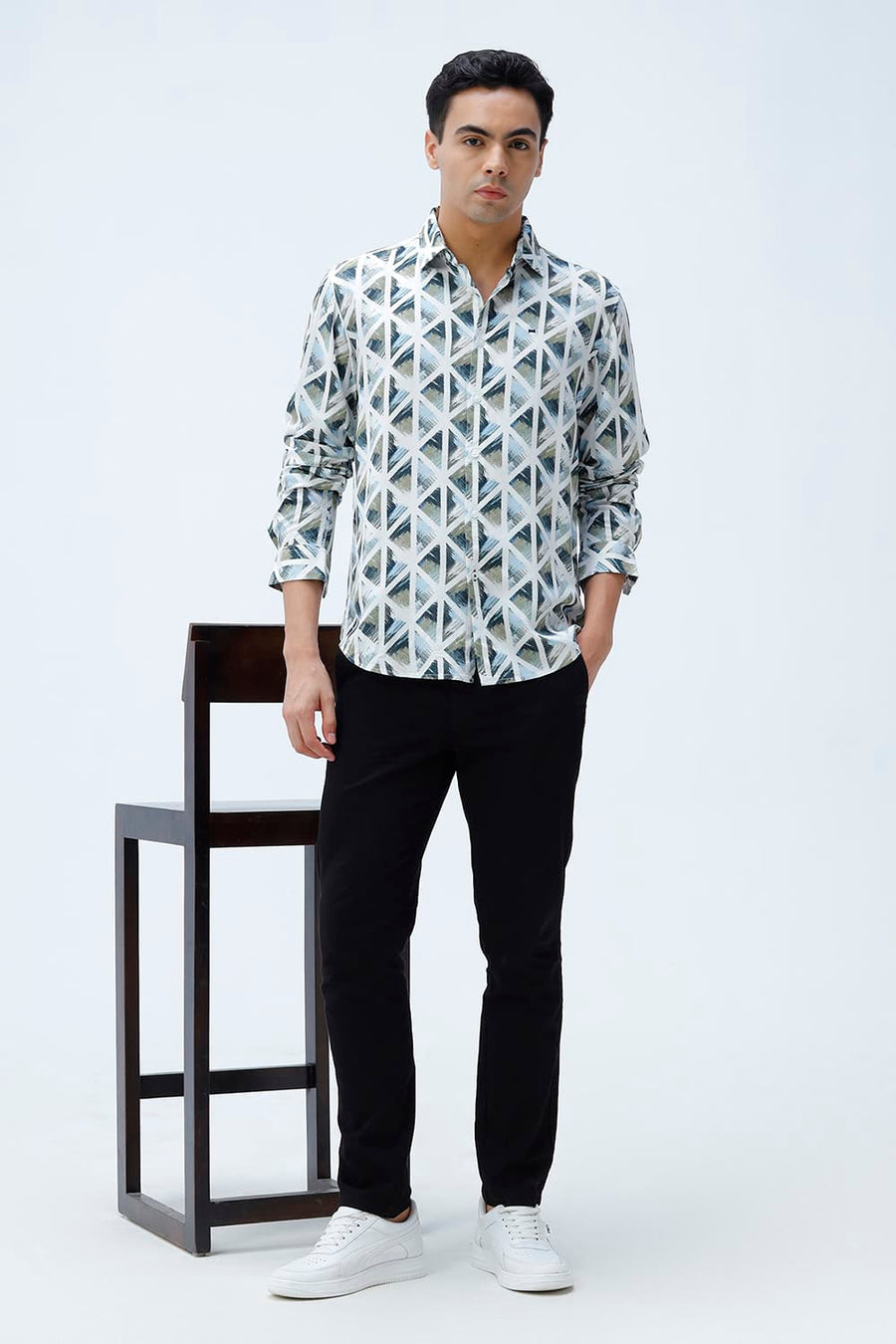 BASICS SLIM FIT BEIGE COTTON VISCOSE DIGITAL PRINTED SHIRT