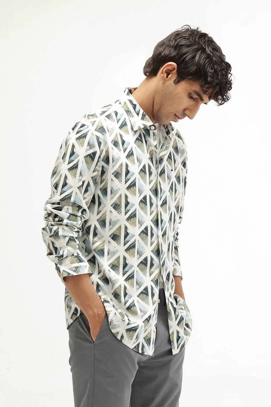 BASICS SLIM FIT BEIGE COTTON VISCOSE DIGITAL PRINTED SHIRT