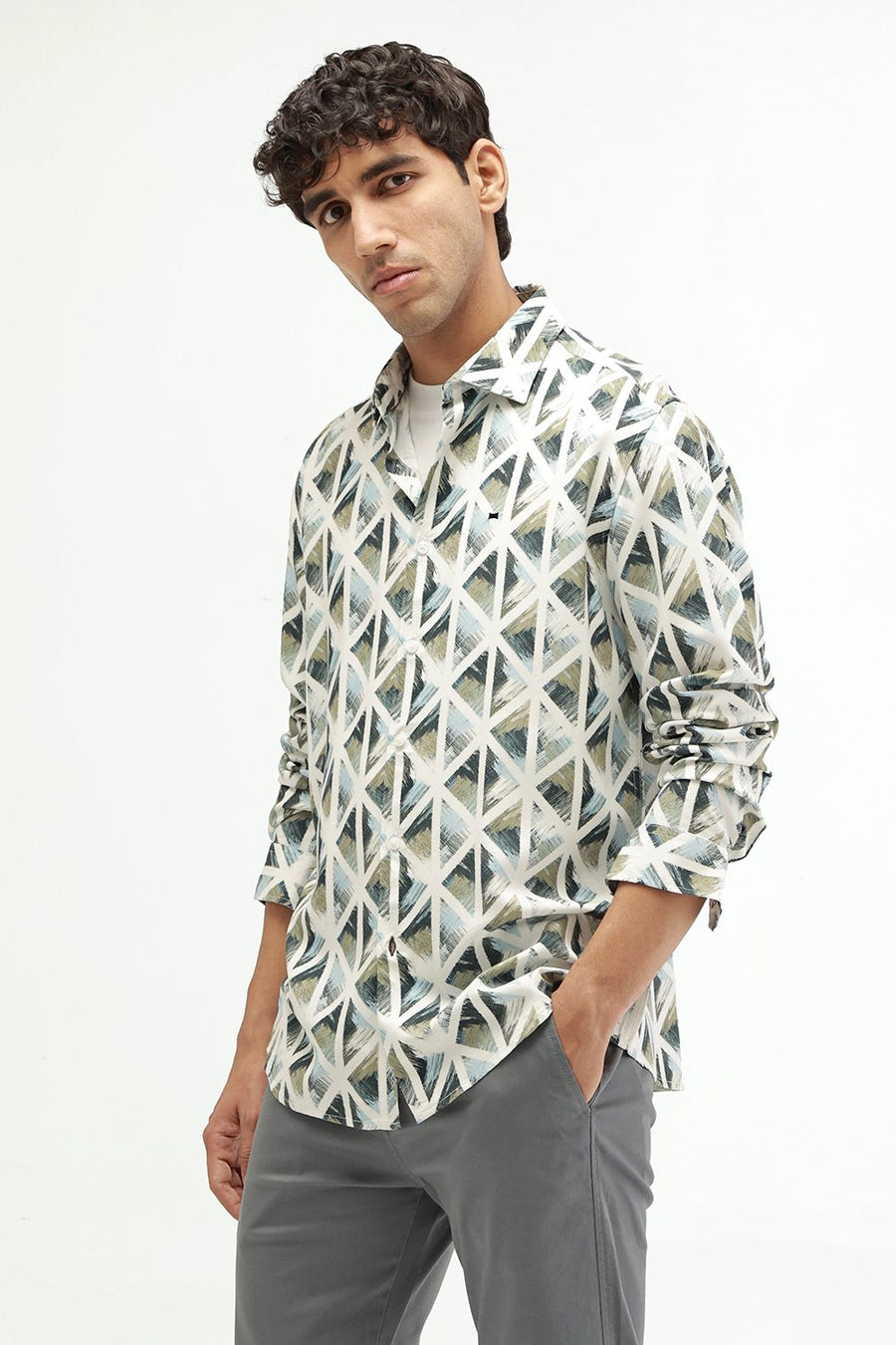 BASICS SLIM FIT BEIGE COTTON VISCOSE DIGITAL PRINTED SHIRT