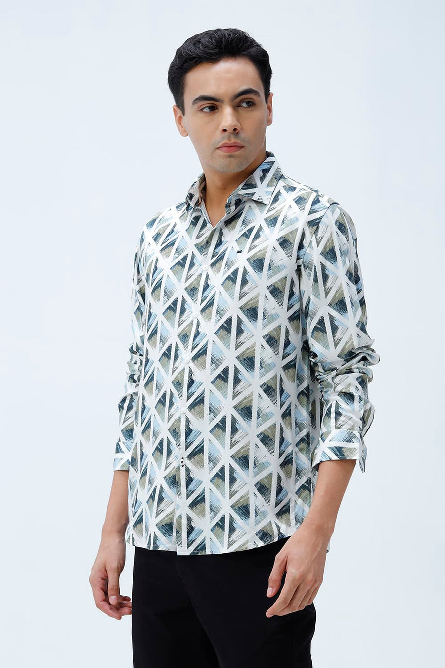 BASICS SLIM FIT BEIGE COTTON VISCOSE DIGITAL PRINTED SHIRT