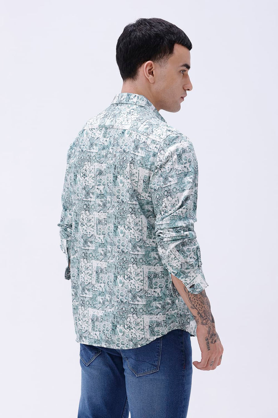 BASICS SLIM FIT NAVY COTTON VISCOSE DIGITAL PRINTED SHIRT