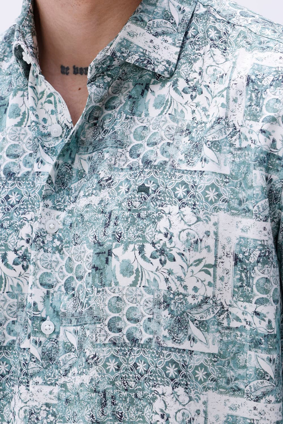 BASICS SLIM FIT NAVY COTTON VISCOSE DIGITAL PRINTED SHIRT