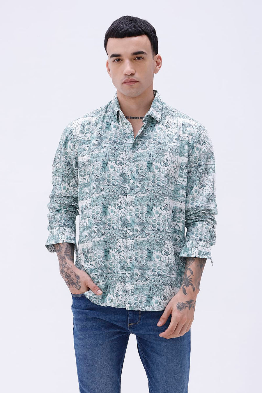 BASICS SLIM FIT NAVY COTTON VISCOSE DIGITAL PRINTED SHIRT
