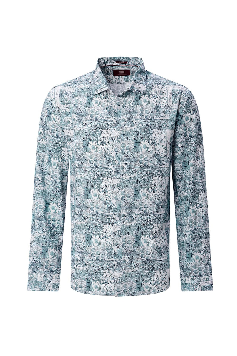BASICS SLIM FIT NAVY COTTON VISCOSE DIGITAL PRINTED SHIRT
