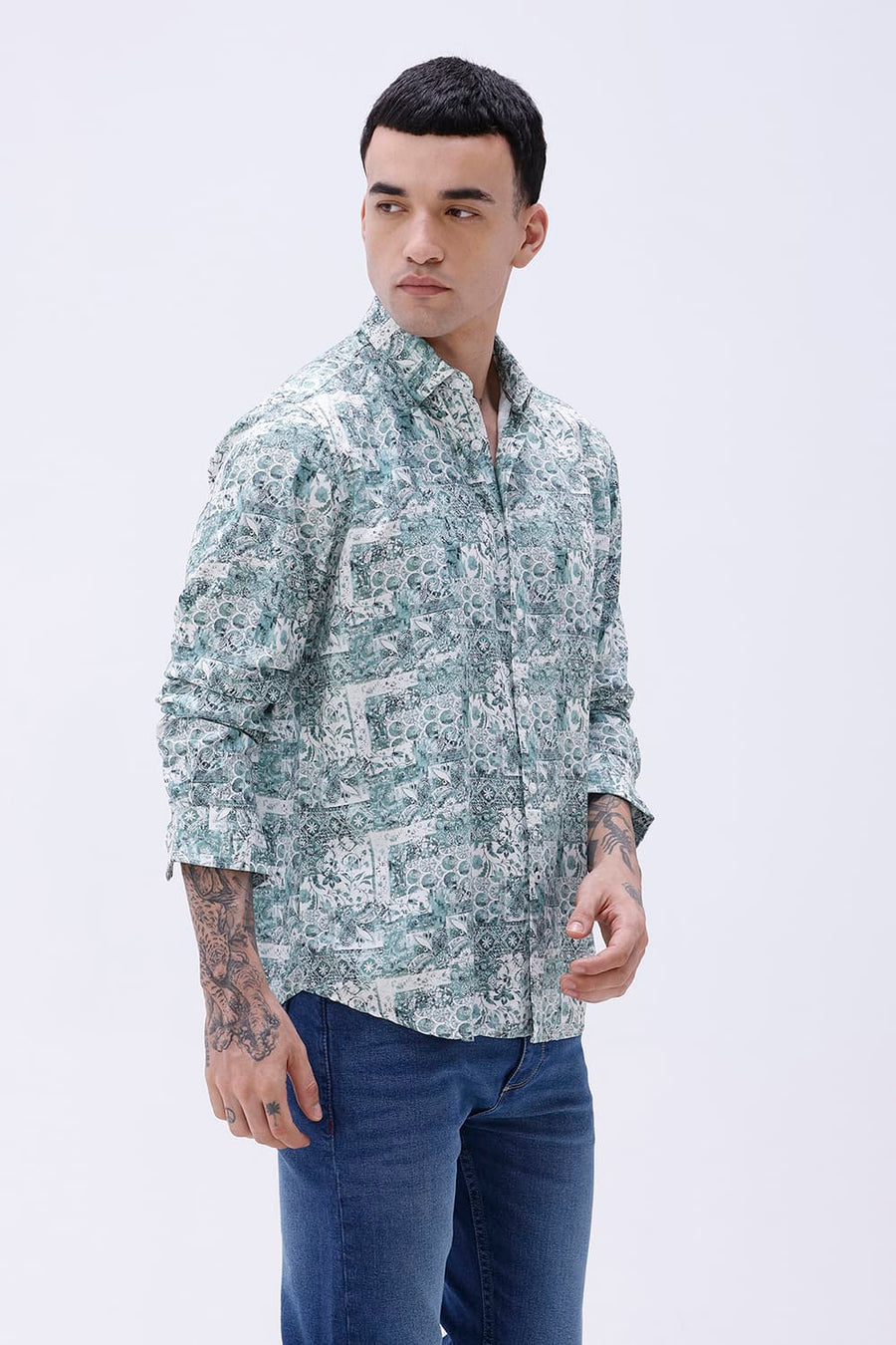 BASICS SLIM FIT NAVY COTTON VISCOSE DIGITAL PRINTED SHIRT