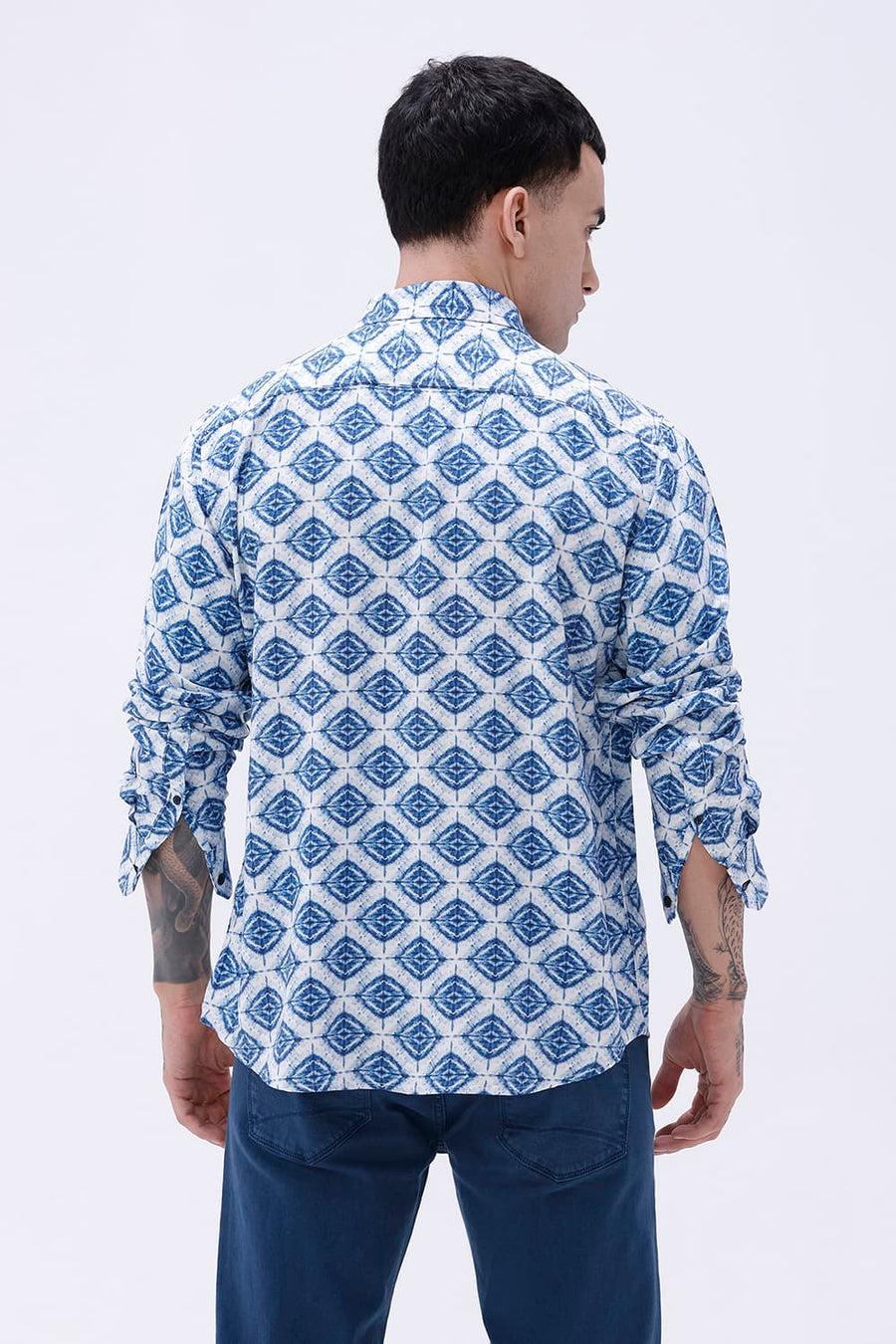 BASICS SLIM FIT OLIVE COTTON VISCOSE DIGITAL PRINTED SHIRT