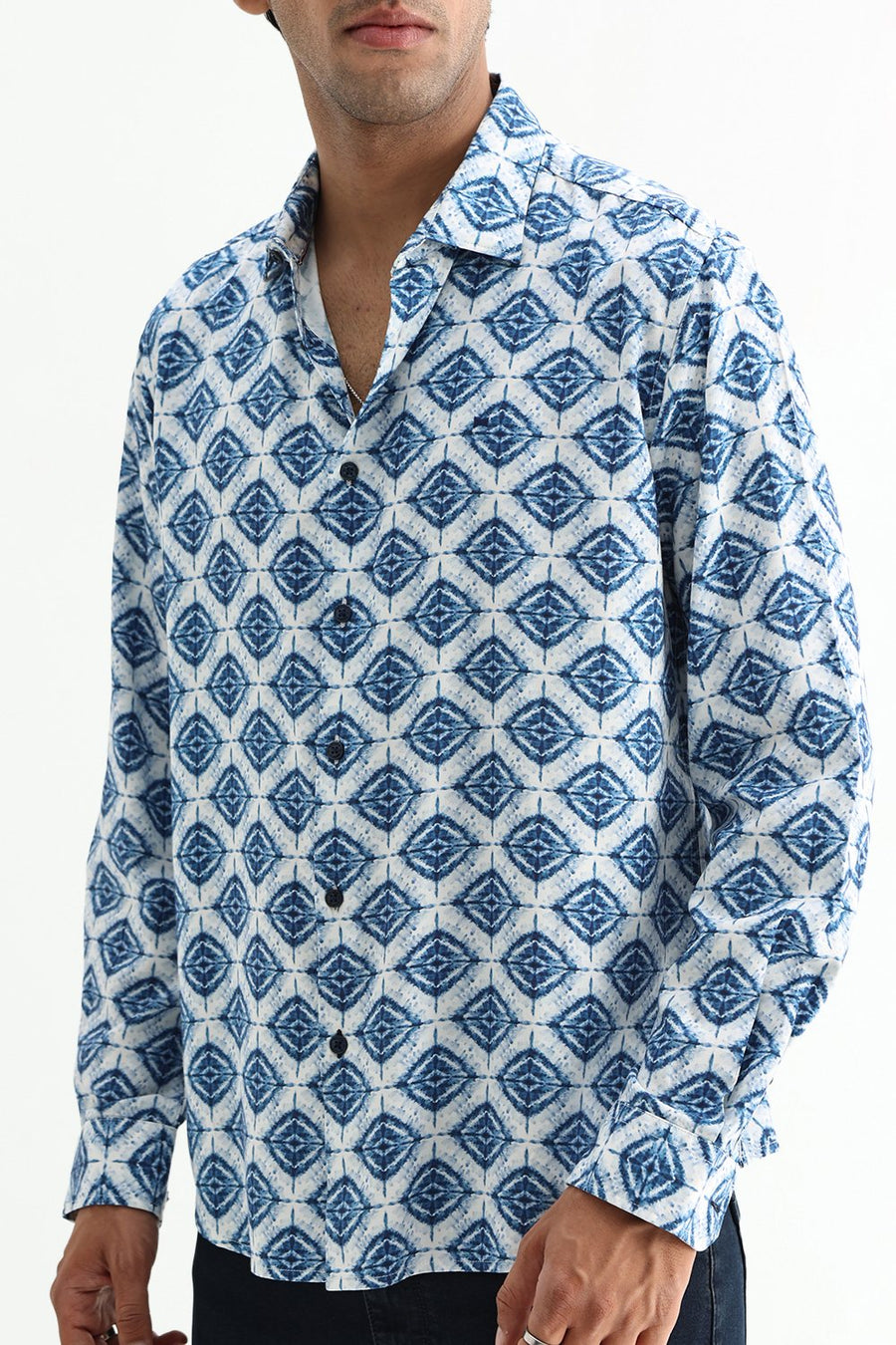 BASICS SLIM FIT OLIVE COTTON VISCOSE DIGITAL PRINTED SHIRT