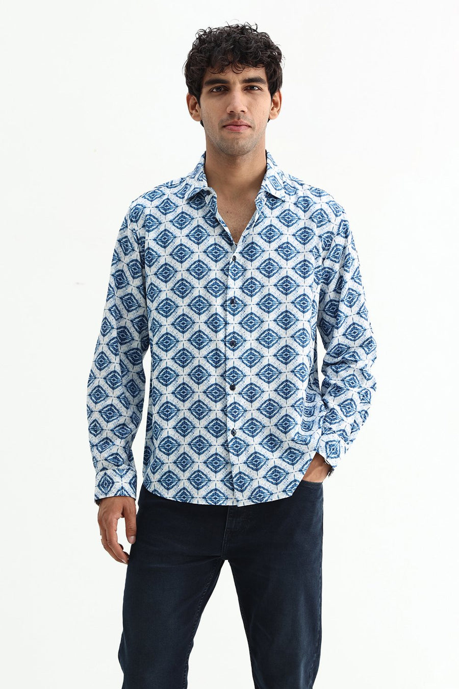 BASICS SLIM FIT OLIVE COTTON VISCOSE DIGITAL PRINTED SHIRT