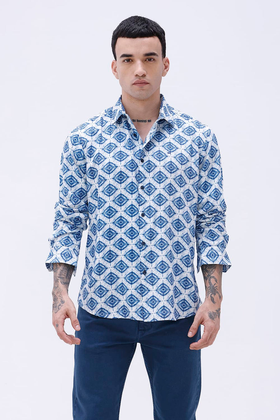 BASICS SLIM FIT OLIVE COTTON VISCOSE DIGITAL PRINTED SHIRT