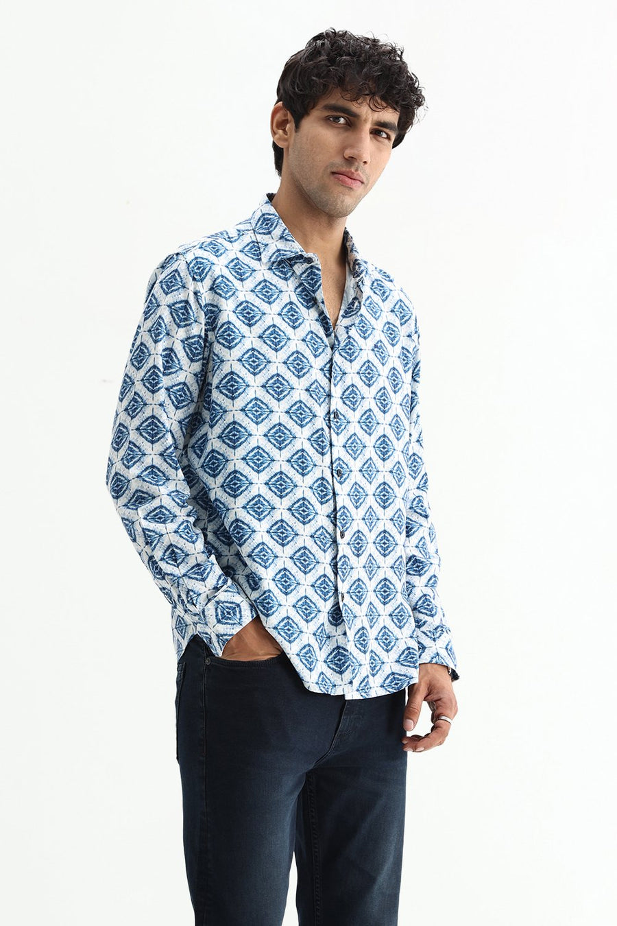 BASICS SLIM FIT OLIVE COTTON VISCOSE DIGITAL PRINTED SHIRT