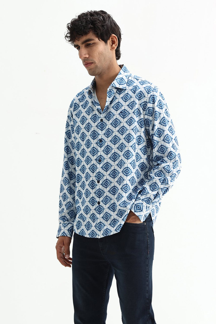 BASICS SLIM FIT OLIVE COTTON VISCOSE DIGITAL PRINTED SHIRT