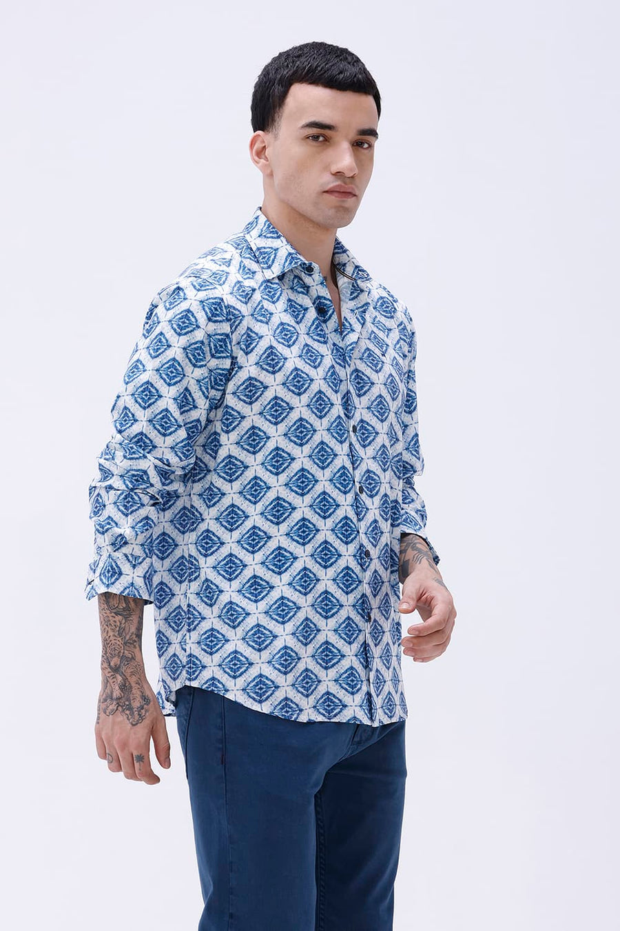 BASICS SLIM FIT OLIVE COTTON VISCOSE DIGITAL PRINTED SHIRT