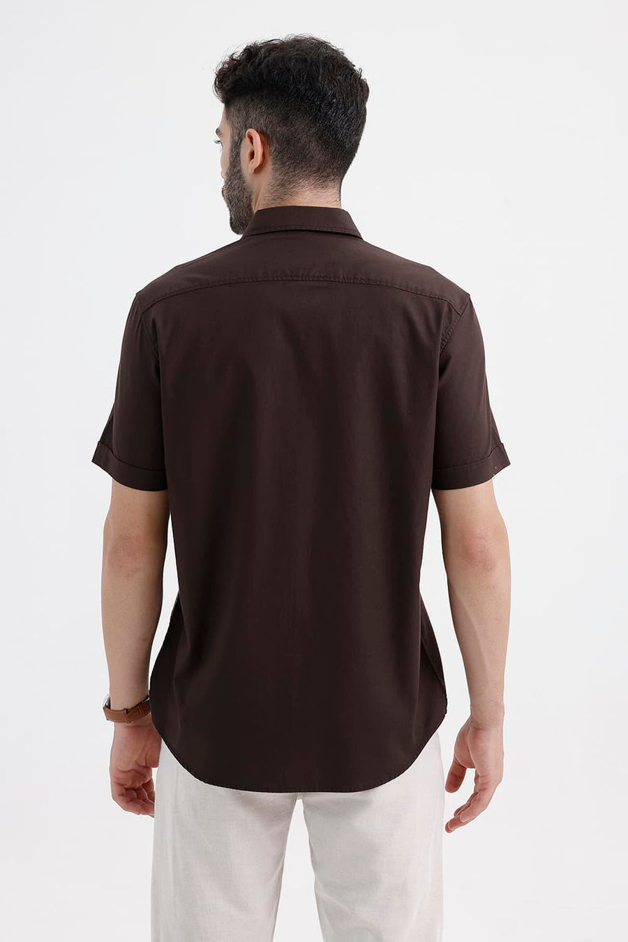 BASICS SLIM FIT COFFEE BROWN COTTON OXFORD HALFSLEEVES SHIRT