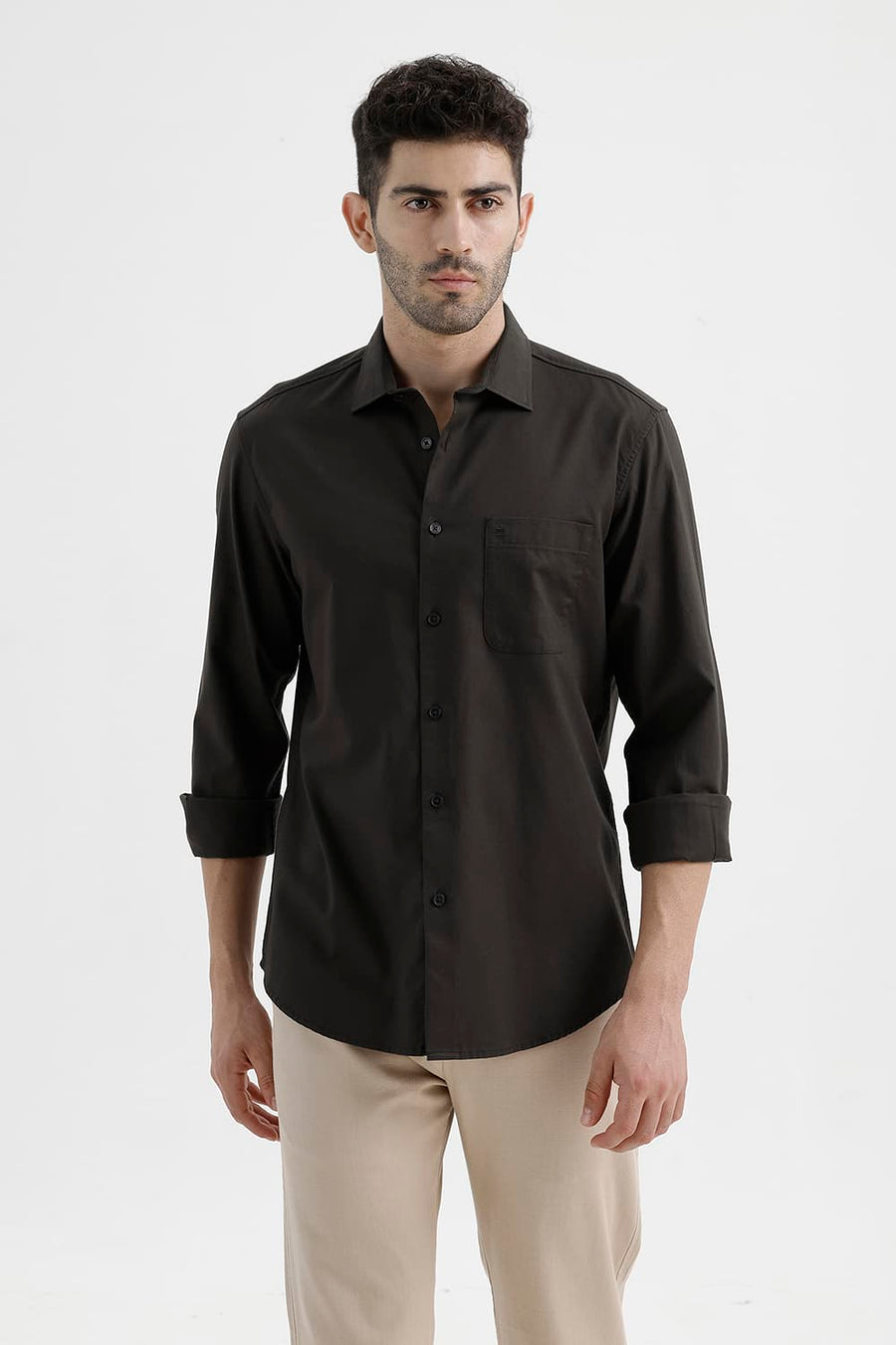 BASICS SLIM FIT COFFEE BROWN COTTON OXFORD SHIRT