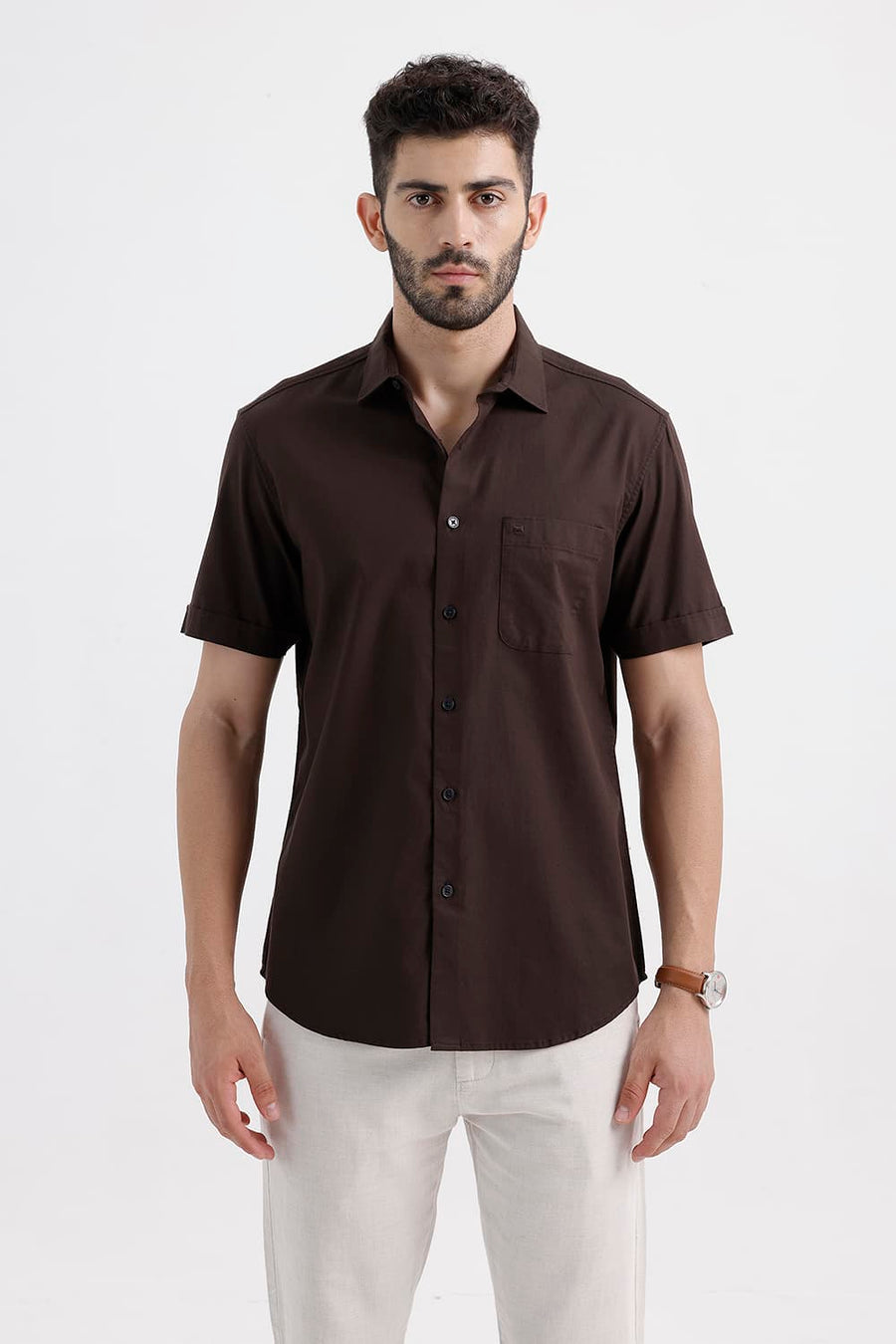 BASICS SLIM FIT COFFEE BROWN COTTON OXFORD HALFSLEEVES SHIRT